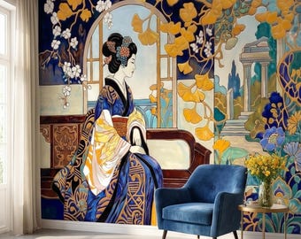 Japanse geisha kimono art nouveau peel and stick muurmuurschildering, blauwe amber ginkgobloesem vintage elegante Aziatische tuin bloemenbehang