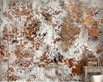 Beunruhigt Damast Wandbild zum Schälen und Aufkleben, weiße Gipstextur mit Kupferrostpatina, Vintage-Barocke Ornate-Scroll-Tapete