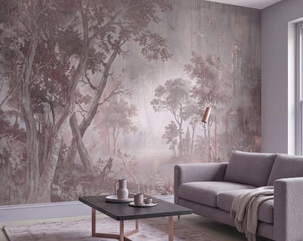 Enchanted Forest Peel and Stick Wall Mural, Vintage Woodland Landscape Misty Trees Birds Deer Antique Ruins Romantic Toile Scenic Wallpaper
