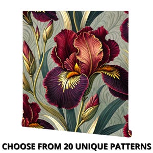 Elegante carta da parati vintage con iris bordeaux, carta da parati floreale in stile Art Déco, carta da parati botanica rimovibile, elegante decorazione floreale da parete