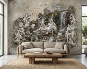 Klassisches Brunnen Schälen und Aufkleben Wandbild, Antike Römische Skulptur Landschaft, Neutrale Alte Welt Architektur Tapete