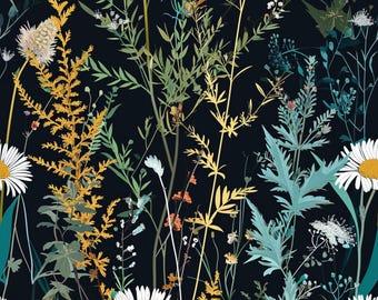 Dark Floral Wildflower Wallpaper, Black Botanical Peel and Stick Wall Mural, Daisy Flower Accent Wall, Cottagecore Wall Decor