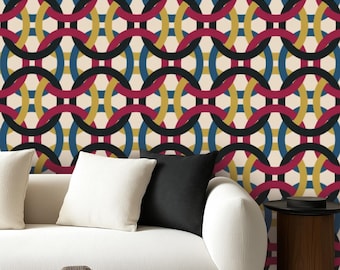 Peel and Stick Retro Geometric Wallpaper – Mid Century Modern Wall Mural in Mustard, Navy and Burgundy – Removable Art Deco Wall Décor