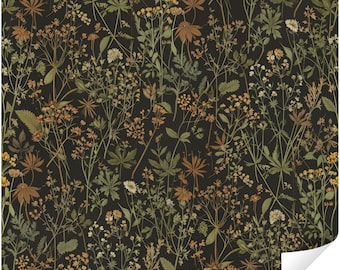 Stimmungsvolle gedämpfte botanische Tapete, dunkles Vintage Blumenwandbild, dunkle Academia Maximalist-Wildblume, abnehmbarer Abziehstab, vorgeklebtes Dekor