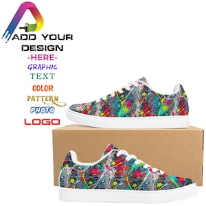 Custom Printed Leather Sneakers, Personalized Low-Top Shoes with Your Design or Logo, Unisex Gift Sneakers for Art, Fashion or Everyday Wear