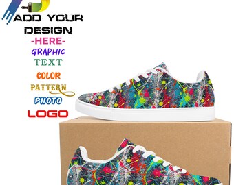 Custom Printed Classic Low-Top Leather Unisex Sneakers White/Black, Personalized Sneaker, Sneaker Gift, Personalized Shoes, Custom Shoes