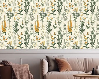 Vintage Botanical Wildflowers Peel and Stick Wallpaper – Herbarium Wildflower Meadow Wall Mural – Green Botanical Floral Wallcoverings