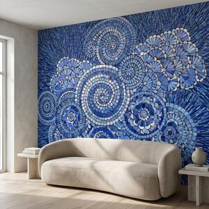 Blue and White Mosaic Floral Spiral Peel and Stick Wall Mural, Iridescent Tile Mandala Circles, Abstract Art Glass Ocean Pattern Wallpaper