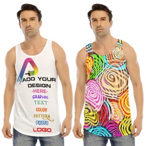 Custom Men’s Tank Top with Logo, Text or Graphic – Personalized Longline Sleeveless Gym Shirt – Curved Hem Activewear or Gift for Him