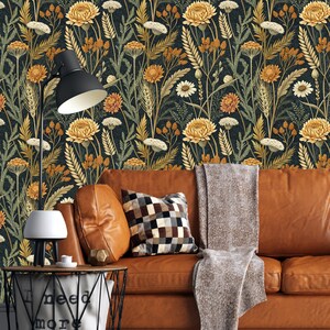 Carta da parati adesiva Moody Wildflower – Carta da parati floreale vintage scura con grano e margherite – Decorazione murale rimovibile botanica Cottagecore