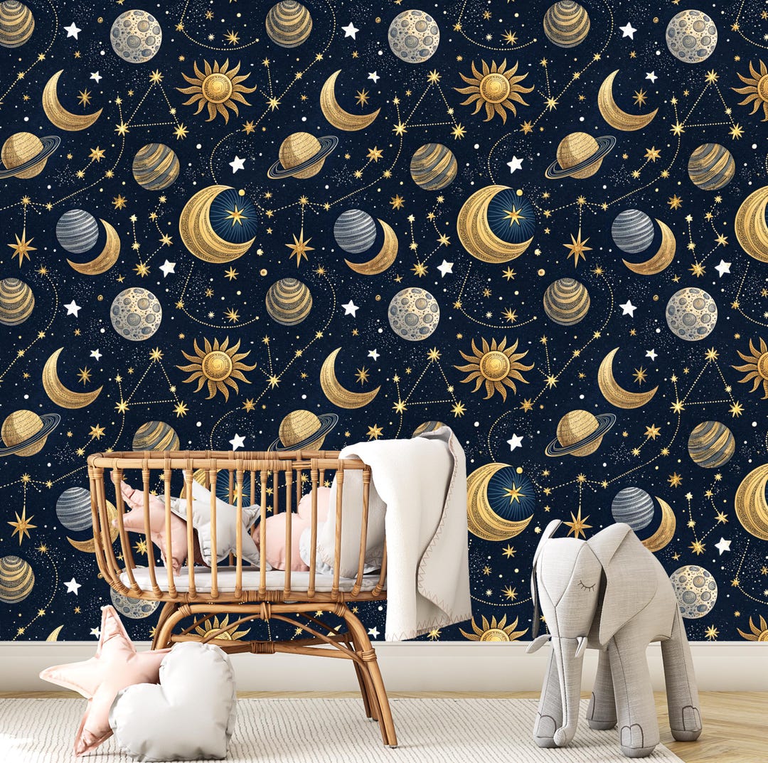 Celestial Peel and Stick Wallpaper – Gold Moon and Stars Wall Mural ...