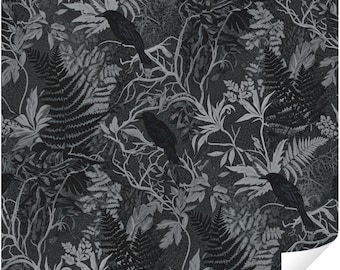 Dark Raven Botanical Peel and Stick Wallpaper, Black Crow Fern Gothic Wall Mural, Dark Academia Decor