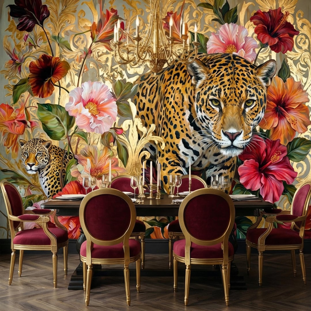 Luxury Gold Baroque Leopard in Hibiscus Flowers Peel and Stick Wall ...