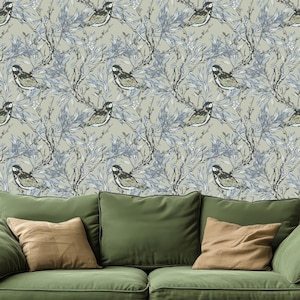 Schälen und aufkleben Vogel Tapete - Blaue Botanische Wandbild mit Zweigen und Blättern - Wieder ablösbares Vintage Natur Chinoiserie Wanddekor