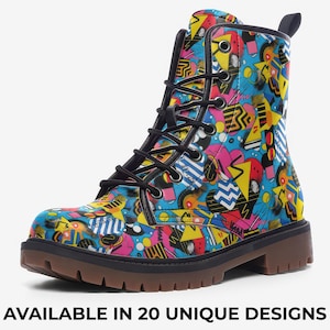 Unisex Retro Combat Boots – Colorful 80s 90s Grunge Style, Vegan Faux Leather Lace-Up Platform Shoes, Streetwear Festival Outfit Shoes