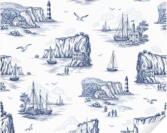 Coastal Toile Peel and Stick Wallpaper, Blue White Nautical Lighthouse Sailboat Wall Mural, Beach House Wall Decor