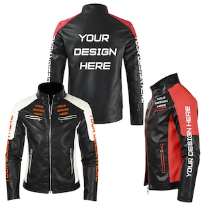 May include: Black and red leather jackets with the text "YOUR DESIGN HERE". One jacket has white accents and orange text. The jackets have zippers and a stand-up collar. The jackets are shown from different angles.