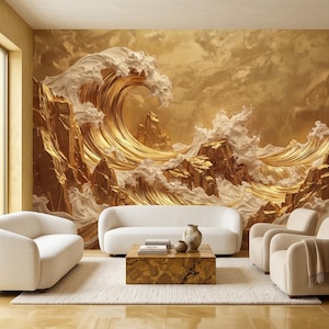 May include: A wall mural featuring a large, stylized golden wave crashing against jagged golden rock formations. The scene includes white, textured foam cresting over the metallic waves, set against a monochromatic golden sky background.