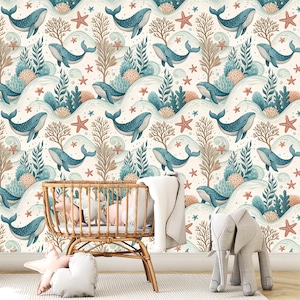 Peel and Stick Whale Wallpaper – Underwater Ocean Removable Wall Mural – Sea Life Nursery Decor, Coastal Baby Room or Kids Wallpaper