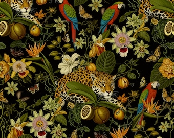 Tropical Jungle Animals Peel and Stick Wallpaper, Exotic Dark Botanical Floral Wall Mural, Flowers & Tropical Foliage Wall Decor