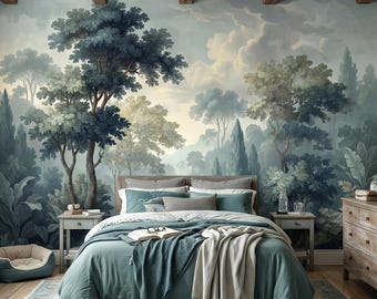 Peel and Stick-muurschildering Misty Forest, vintage boslandschap in mist, blauwgroene aquarelbomen en botanisch schilderachtig behang