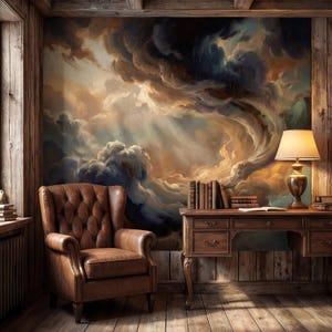 May include: A traditional study with a brown leather armchair, a wooden desk with a lamp, and a large mural of a dramatic cloudscape. Books are arranged on the desk and windowsill, creating a warm and inviting atmosphere.