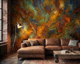 Abstract Patina Peel and Stick Wall Mural, Copper Rust Teal Gold Cracked Plaster Texture, Oxidized Metal Industrial Abstract Art Wallpaper