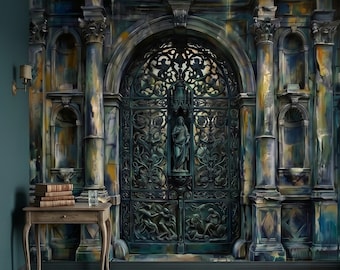 Gothic Cathedral Gate Peel and Stick Wall Mural, Moody Teal Patina Watercolor Archway with Ornate Ironwork, Dark Vintage Old World Wallpaper