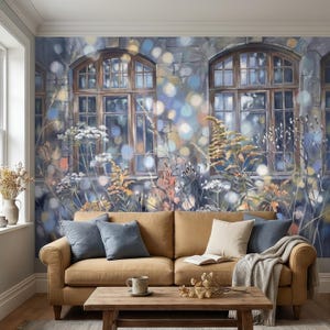 Cottage Garden Windows Peel and Stick Wall Mural, Vintage Watercolor Stone House Facade, Wildflower Meadow, Soft Bokeh Lights Wallpaper