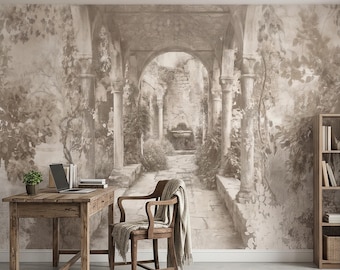 Vintage Stone Archway Garden Peel and Stick Wall Mural, Neutral Beige Sepia Italian Courtyard Ruins with Ivy, Romantic Old World Wallpaper