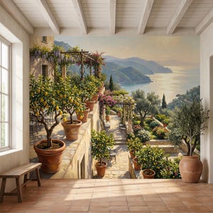 May include: A mural of an Italian villa with lemon trees in terracotta pots, set against a coastal backdrop. The artwork features a scenic view of mountains, sea, and gardens. A wooden bench and window are also visible.