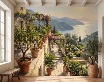 Amalfi Coast Italian Lemon Terrace Peel and Stick Wall Mural, Mediterranean Villa Sea View Wallpaper