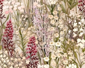 Carta da parati vintage con fiori selvatici, murale floreale ad acquerello, parete con accenti botanici neutri, arredamento per camere in stile cottage.