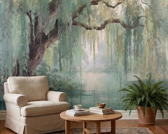 Watercolor Weeping Willow Peel and Stick Wall Mural, Misty Lake Landscape, Soft Green Tree Branches, Calm Nature Water Scene Wallpaper