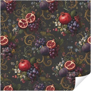 Papier peint autocollant Fruits noirs, grenade, figues et raisins, volutes baroques dorées, décoration murale botanique sombre vintage lunatique