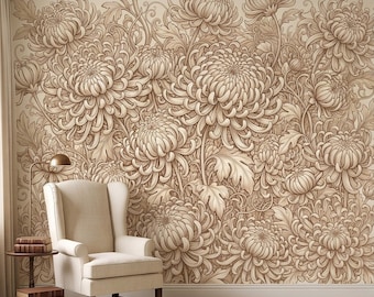 Vintage Chrysanthemum Peel and Stick Wall Mural, Beige Botanical Floral Asian Inspired Hand Drawn Bloom Line Art Wallpaper