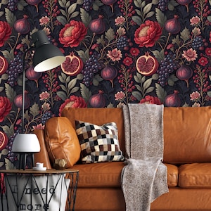 Carta da parati adesiva botanica scura - Carta da parati murale vintage con frutta e fiori, design di melograno, fico e uva, decorazione da parete per cucina suggestiva