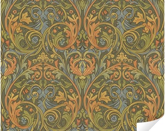 William Morris Style Peel and Stick Wallpaper, Olive Orange Floral Removable Wall Mural, Arts & Crafts Vintage Botanical Decor