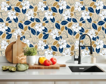 Peel and Stick Magnolia Wallpaper – Navy Blue Beige Floral Wall Mural – Removable Botanical Wall Art – Self Adhesive Accent Wall Decor