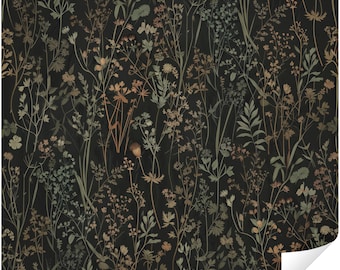 Stimmungsvolle gedämpfte botanische Tapete, dunkles Vintage Blumenwandbild, dunkle Academia Maximalist-Wildblume, abnehmbarer Abziehstab, vorgeklebtes Dekor