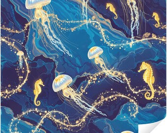 Art Underwater Jellyfish Peel and Stick Wallpaper, Blue Ocean Seahorse Removable Wall Mural, Nursery Bedroom Wall Decor