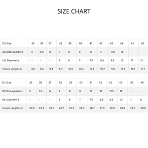 May include: A white size chart with black text. The chart includes EU sizes, US women's sizes, US men's sizes, and insock lengths in inches and centimeters. The chart ranges from EU size 35 to 46.