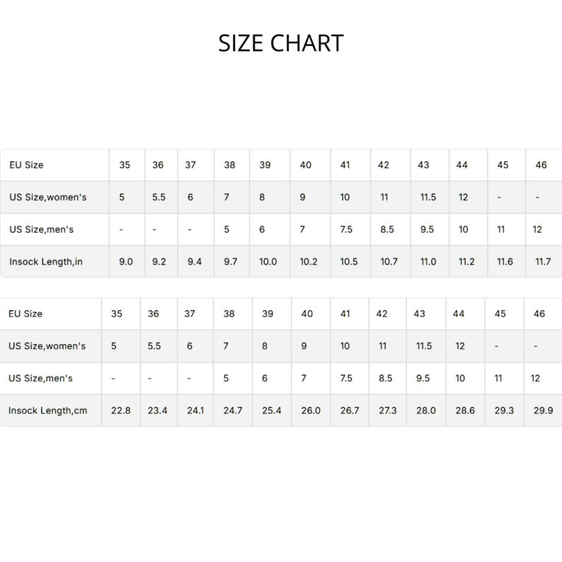 May include: A white size chart with black text. The chart includes EU sizes, US women's sizes, US men's sizes, and insock lengths in inches and centimeters. The chart ranges from EU size 35 to 46.