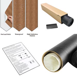 May include: A set of brown peel-and-stick wallpaper samples with a high-definition pattern, labeled as waterproof. The image also shows a black poster tube with a cardboard box and a black smoothing tool, along with an installation guide.