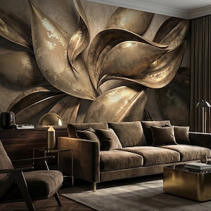 Può includere: Un soggiorno con un grande murale floreale dorato e strutturato. Un divano in velluto marrone con cuscini abbinati è posizionato di fronte al murale. Un mobile in legno, un tavolino e un tavolino completano l'arredamento della stanza.