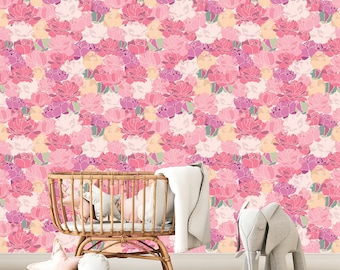 Peel and Stick Peony Wallpaper – Pink Floral Wall Mural with Blush, Peach and White Flowers – Removable Botanical Wall Decor for Bedroom