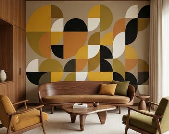Halverwege de eeuw moderne geometrische Peel & Stick, abstract Bauhaus jaren 1970 bogenmotief, Scandinavisch minimalistisch modernisme, retro mod decor behang