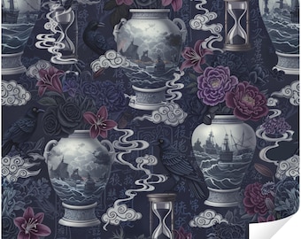 Gothic Chinoiserie Peel and Stick Wallpaper, Dark Moody Floral Removable Wall Mural, Dark Academia Victorian Goth Decor