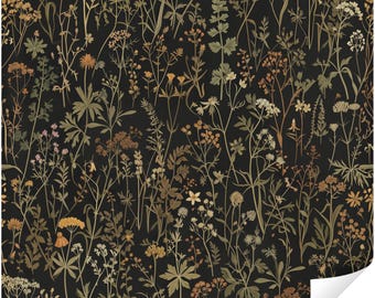 Stimmungsvolle gedämpfte botanische Tapete, dunkles Vintage Blumenwandbild, dunkle Academia Maximalist-Wildblume, abnehmbarer Abziehstab, vorgeklebtes Dekor
