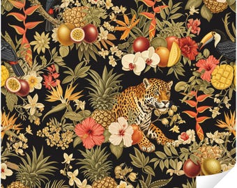 Tropical Jungle Animals Peel and Stick Wallpaper, Exotic Dark Botanical Floral Wall Mural, Flowers & Tropical Foliage Wall Decor